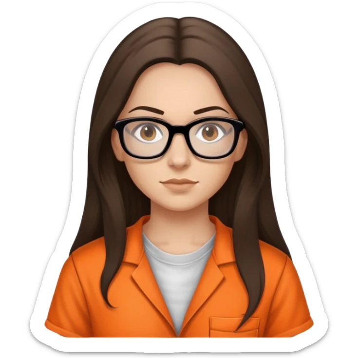 female long hair brunette prisoner with glasses in a orange jumpsuit mugshot sticker