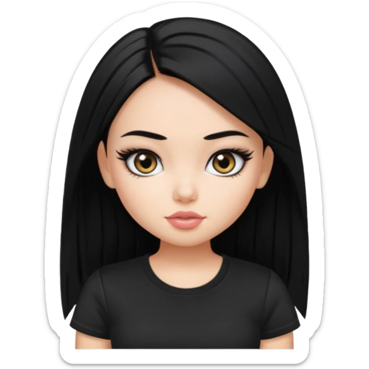 a pretty bratz girl with straight black hair wearing a black tshirt, eyeliner sticker