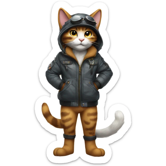 Anthro Fur-Sona feline-Fakémon with an aviator jacket gloves and cap Full Body sticker