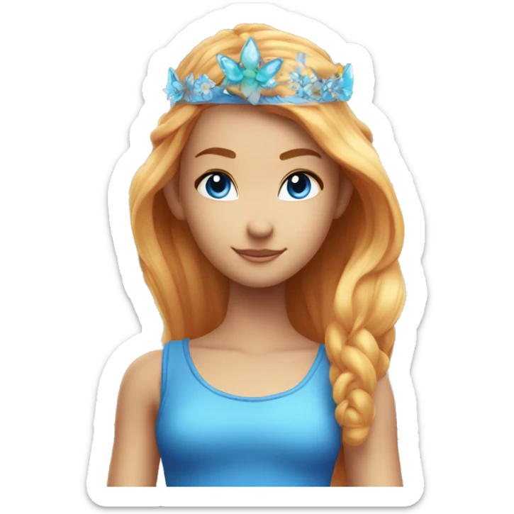 bloom winx fairy with rad hair and blue eyes and in blue shirt with wings and crown sticker