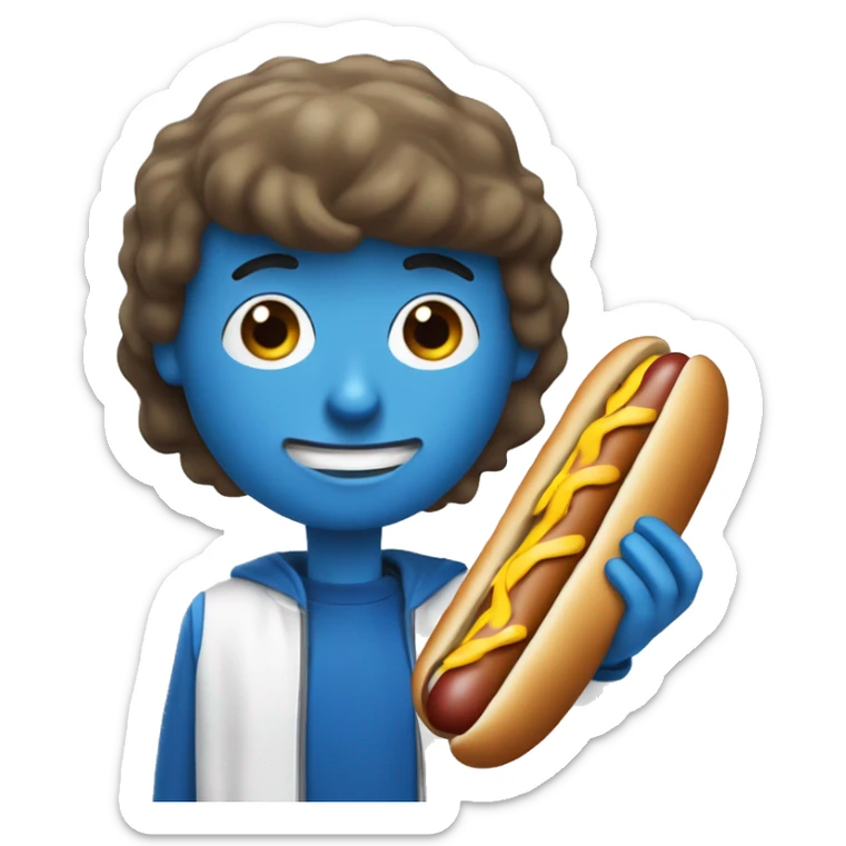 un monsieur brun aux yeux bleus qui mange un hot dog  sticker