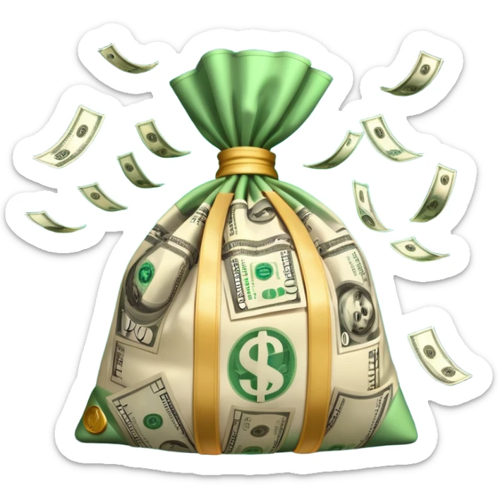 

3D emoji style, big bag of money, flying dollar bills, rich casino vibe, smooth lighting, high detail, clean edges, transparent background



 sticker
