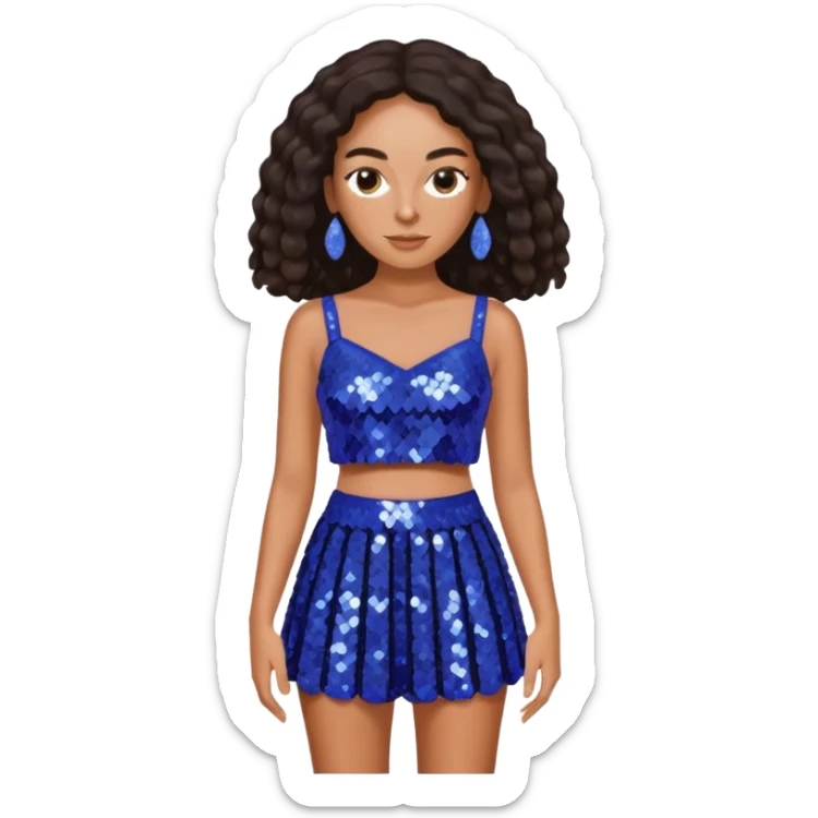 Solange with dark brown long hair, periwinkle sequin crop top and skirt sticker
