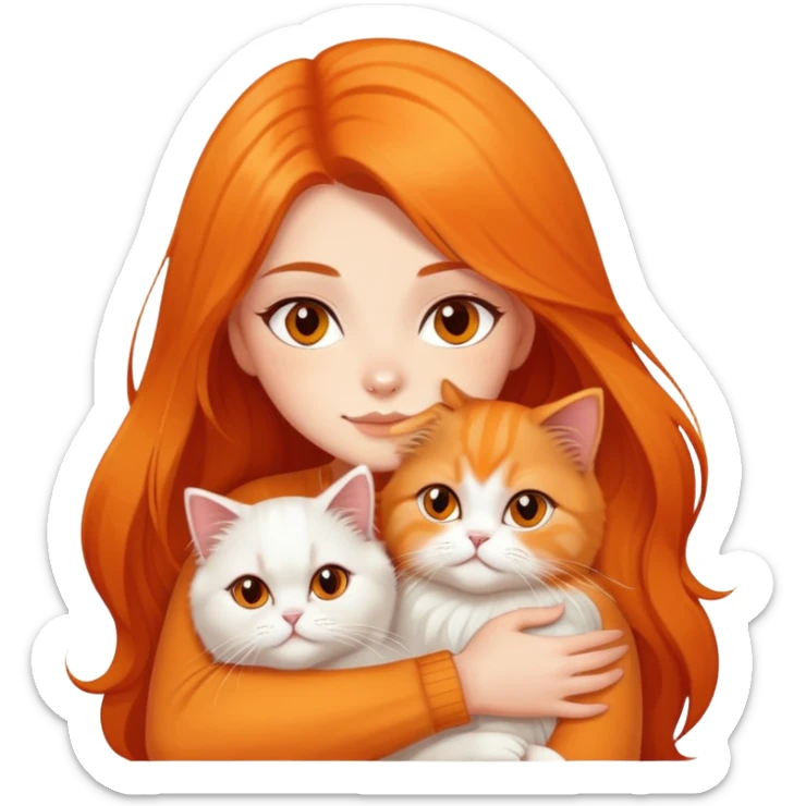 A pretty girl with long dark hair is hugging her orange light hair persian cat. sticker