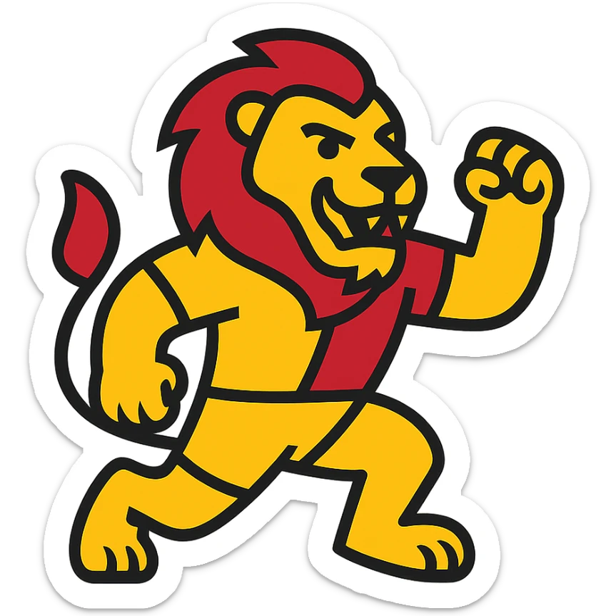 Galatasaray S.K. lion mascot, bold yellow and red colors, energetic pose, sports logo style, clean lineal color icon with black outlines sticker