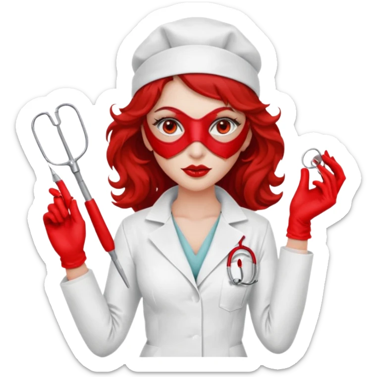 


Scary woman scalpel in hand, evil surgeon sexy surgeon clothes.  She has redcolored  eyes. Her  hair only is free ne brown long curly hair. Wears sexy doctor outfit with red gloves. make her wear red ski mask and nose mask  to hide. Wears white surgeon coat, wears  stilettos sticker