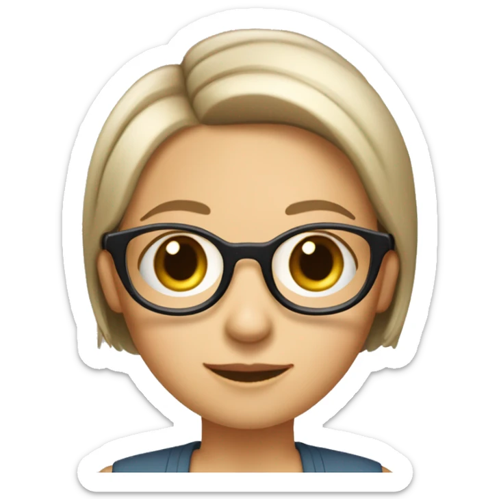 "A cute, round-faced woman with fair skin, large eyes, and a small mouth. She wears glasses and has a short bob haircut. She is an 8-year-experienced manager at a senior level. sticker