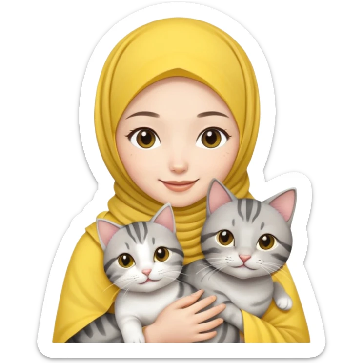 Asian White girl wearing yellow hijab and white dress holding a black grey tabby cat while smiling.  sticker