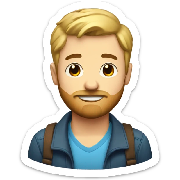 Guy with a brown beard and short blonde hair has a heart on his shirt sticker