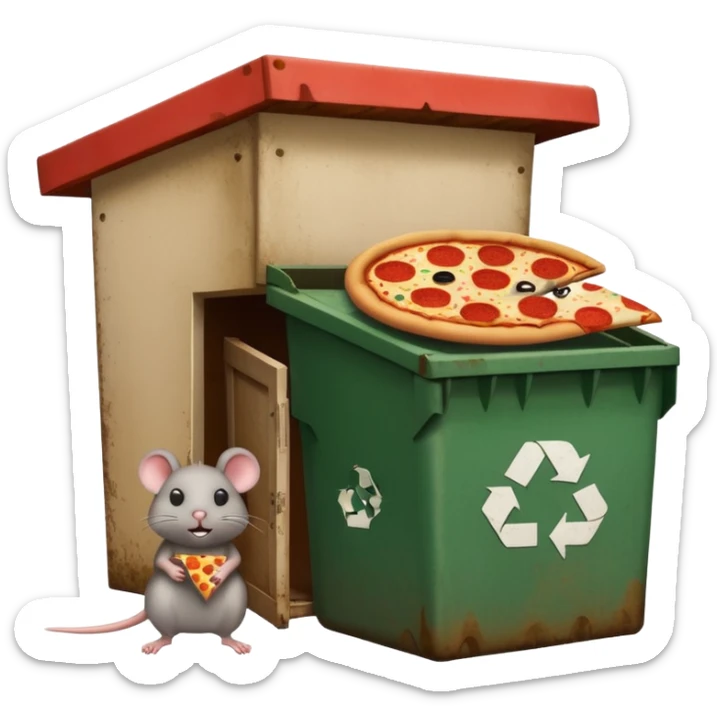 emoji-style icon of a pizza restaurant with a pizza slice sign, an overflowing dumpster next to the building, and a big rat peeking around the corner by the dumpster, unsanitary and dirty, clear at small size, no text sticker