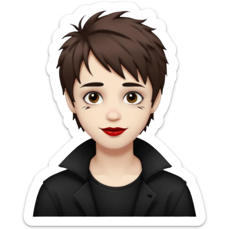 Happy pale Goth boy with shaggy brown hair, and messy black eyeliner , smudged, red, lipstick  sticker