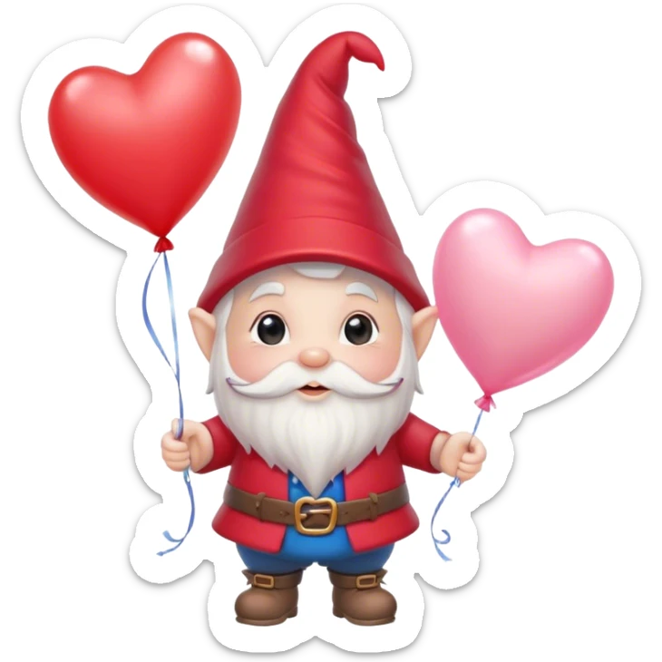 An adorable little pale pink Valentine’s Day style gnome holding balloons with hearts floating in the background sticker