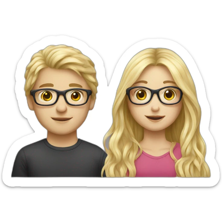 Blond long hair girl with blond boy with glasses, love sticker