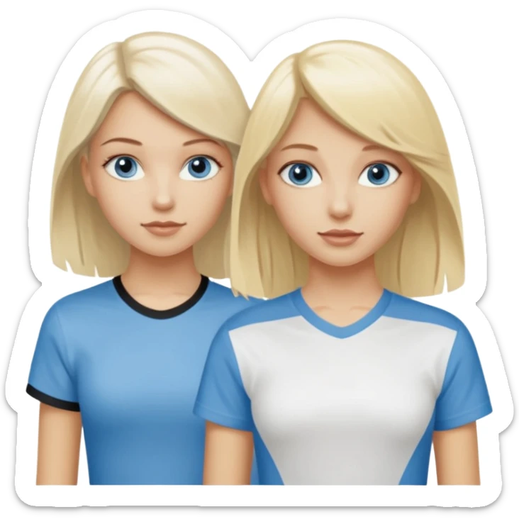 2 caucasian girls, one bleach blonde, then other a slightly darker shades of blonde. both grayish blue eyes. lighter blonde has a skater-y2k aesthetic and the dark blonde has a y2k-coquette aesthetic sticker