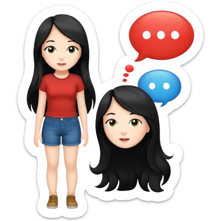 cute girl full body with long black hair with speech bubbles not have money sticker