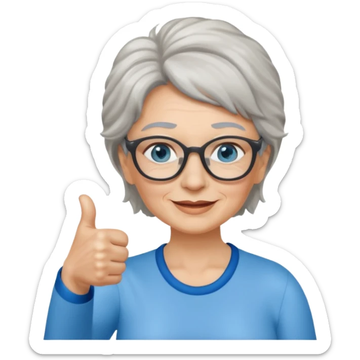 Older woman with blue eyes Ang salt and pepper hair and with glasses giving a thumbs up sticker