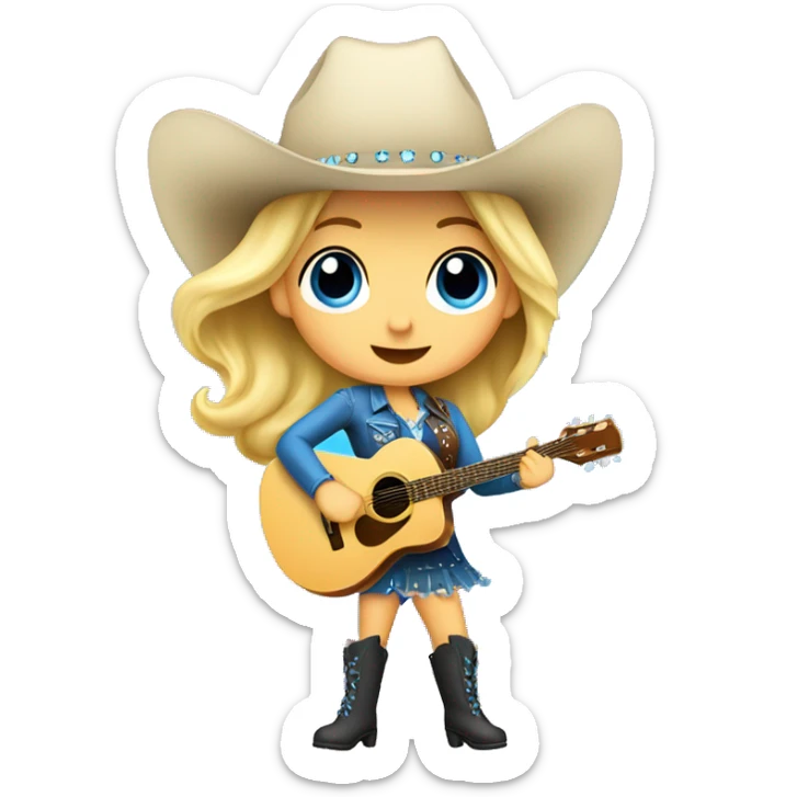 Blonde cowgirl in boots and dress playing guitar and singing blue sparkly  sticker