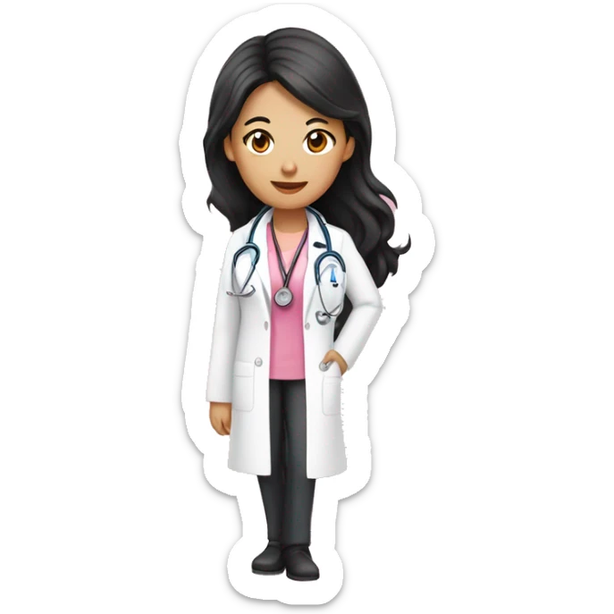 Wavy long black hair Asian female doctor in pink undershirt white coat over pink stethoscope  sticker