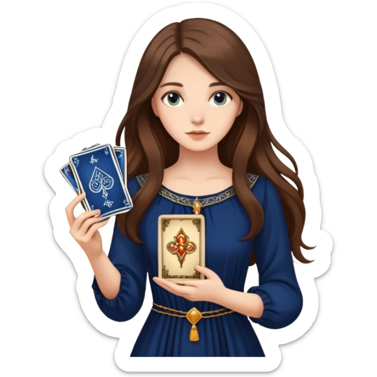 A girl with long hair, in a dark blue dress holds tarot cards in her hands sticker