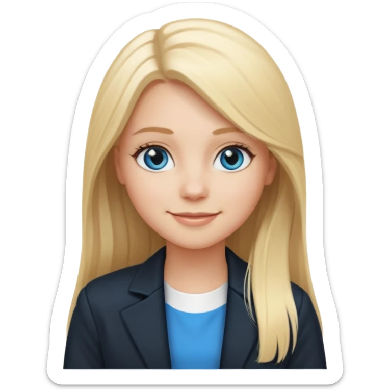 A white girl with long straight blonde hair, blue eyes and a white dress with a black jacket smiling sticker