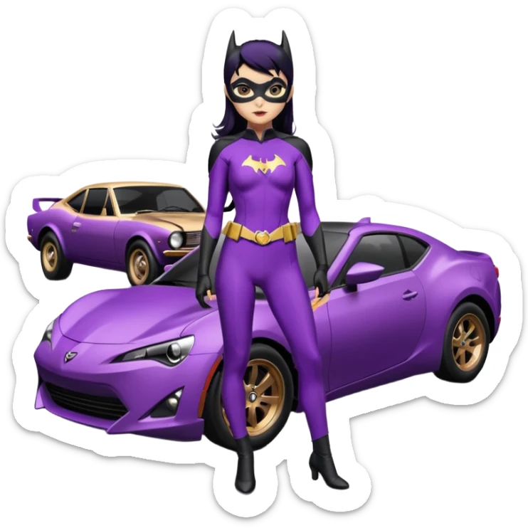 Relaxed adult 60’s Batgirl themed Satin black and rose gold painted Scion FR-S pursuit vehicle hot rod off road capable (tight fitting purple suit with black hair on her) sticker