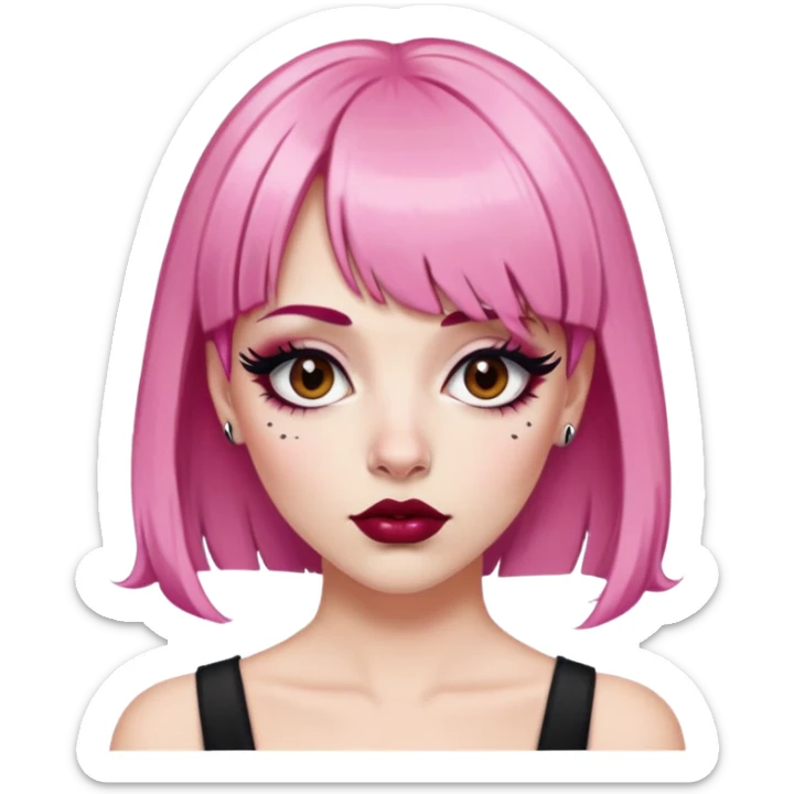 Pink haired white woman with bangs , brown eyes with big black eyeliner and false lashes, dark red lips with a lip piercing sticker