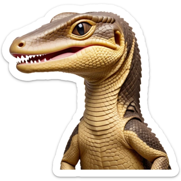 Cinematic Realistic Cute Yawning Monitor Lizard Portrait Emoji, Head tilted slightly with a dramatic, wide-open yawn, showcasing a soft, textured scaled hide with subtly drooping features and half-closed, drowsy eyes, rendered with meticulous natural detail and warm shadows, high shine, relaxed yet expressive, styled with a dash of desert charm, soft glowing outline, capturing the essence of a sleepy yet affectionate monitor lizard that appears ready to stretch out for a restful nap! sticker