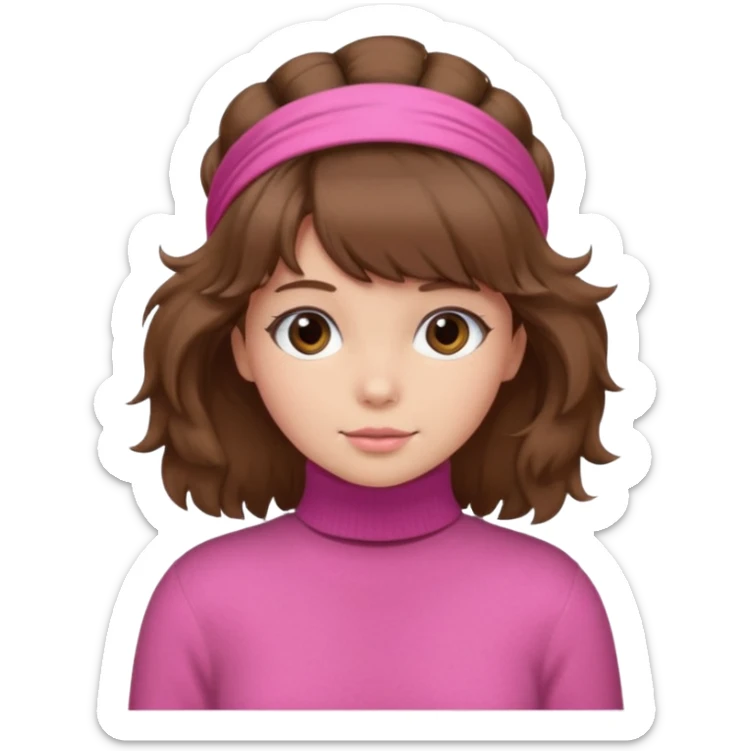 brown fluffy haired girl with pink turtleneck sweater and hair band sticker