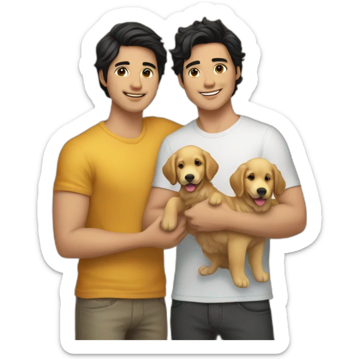 gay-couple,-1-guy-straight-black-hair-and-1-australian-white-guy-with-blackhair-slightly-curly-holding-a-golden retriever puppy sticker