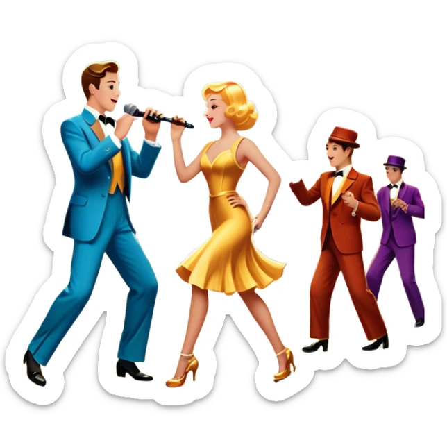 Vintage movie poster-style icon for a musical film. A vibrant street scene with bright lights, dancers mid-step, a singer with a microphone, and a jazz band playing. The cityscape glows in the background, evoking the golden era of musicals. Transparent background. sticker