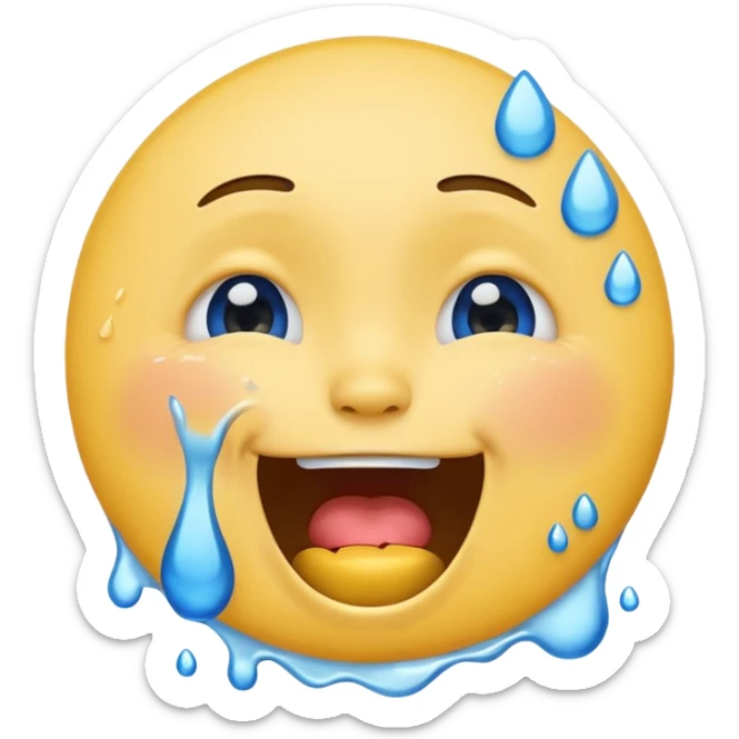 Emoji, yellow round laughing face, open mouth with Splashing blue tears from the eyes  sticker