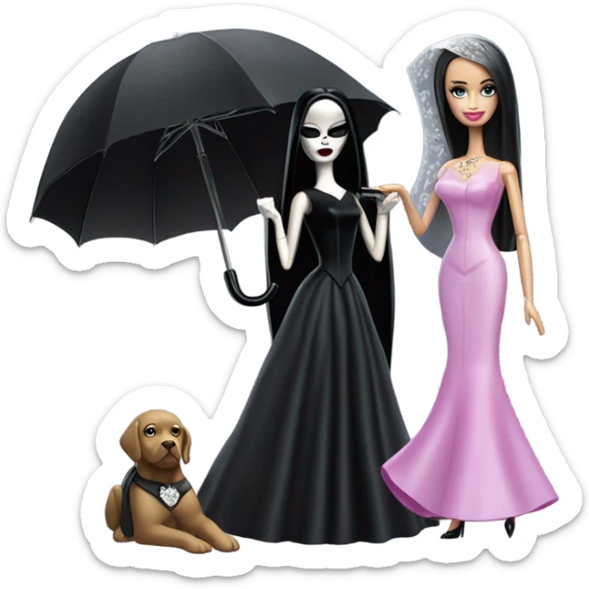 Funeral Barbie,teen Morticia Addams ,drying tears with handkerchief, show full body,accessories  gloves, funeral veil, holding umbrella  sticker