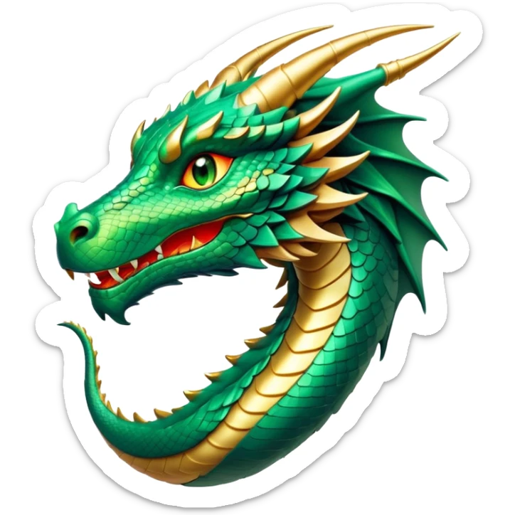 cinematic-noble-dragon-portrait-emoji,-poised-and-majestic,-with-a-sinuous,-elongated-build-and-shimmering,-scale-covered-skin-in-hues-of-emerald-and-gold,-piercing,-fiery-eyes,-simplified-yet-sharp-and-sophisticated-features,-highly-detailed sticker