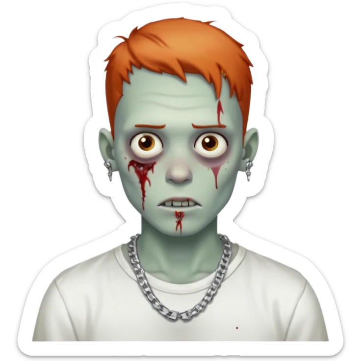 Zombie with freckles white shirt low taper fade haircut silver chain Cuban style sticker