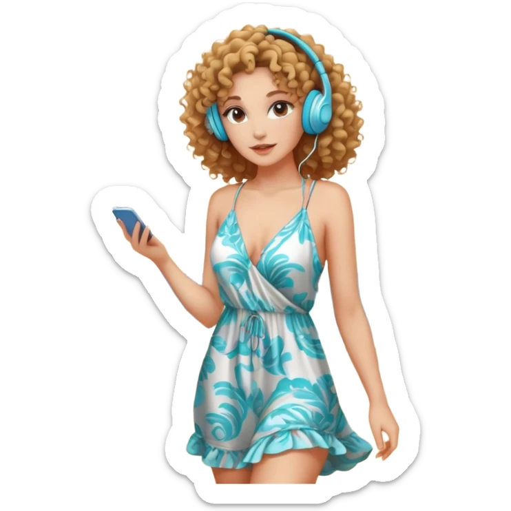 a woman with curly hair, wearing earphones, wearing a sexy beach dress sticker