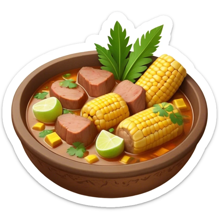 Cinematic Realistic Sancocho Antioqueño Emoji, depicting a hearty Colombian stew brimming with tender cuts of meat, yuca, plantains, corn on the cob, and potatoes in a rich, flavorful broth. Served in a rustic clay bowl with fresh cilantro and lime on the side, rendered with warm, inviting textures and homely, comforting lighting. sticker