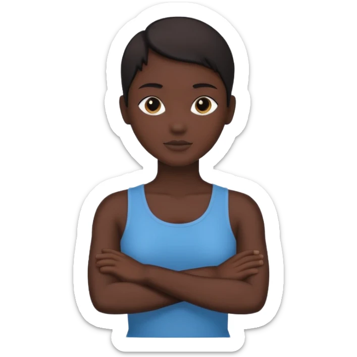 Minimalist human silhouette, upper body only, arms crossed, no facial features, solid dark shape, flat icon style, centered, transparent background sticker