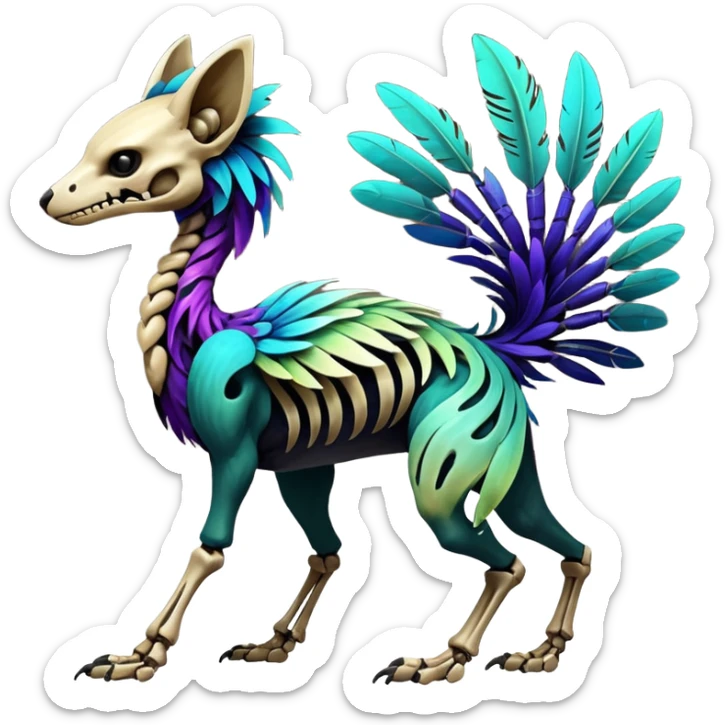 Rare colorful gradients colored realistic dark edgy glossy shiny tropical tribal patterned feathery skeletal badass epic pretty beautiful handsome gorgeous aesthetic colorful vibrant Vernid-Trico-species-Fakemon-creature by LiLaiRa, 4 legs, 1 tail, random markings, (full body) sticker