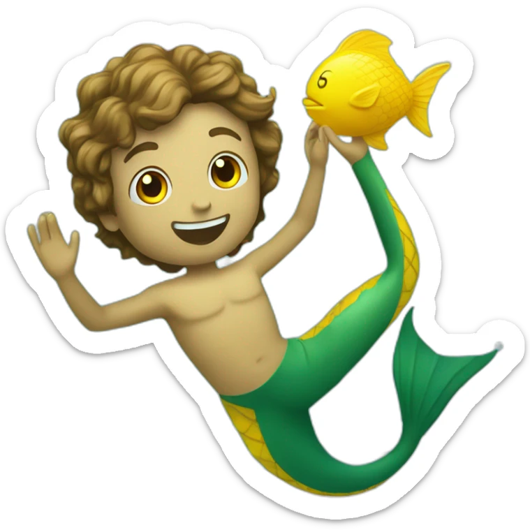 Underwater man mermaid swimming with fins, snorkel equipement, holding a small yellow ball, winning enthousiasm sticker
