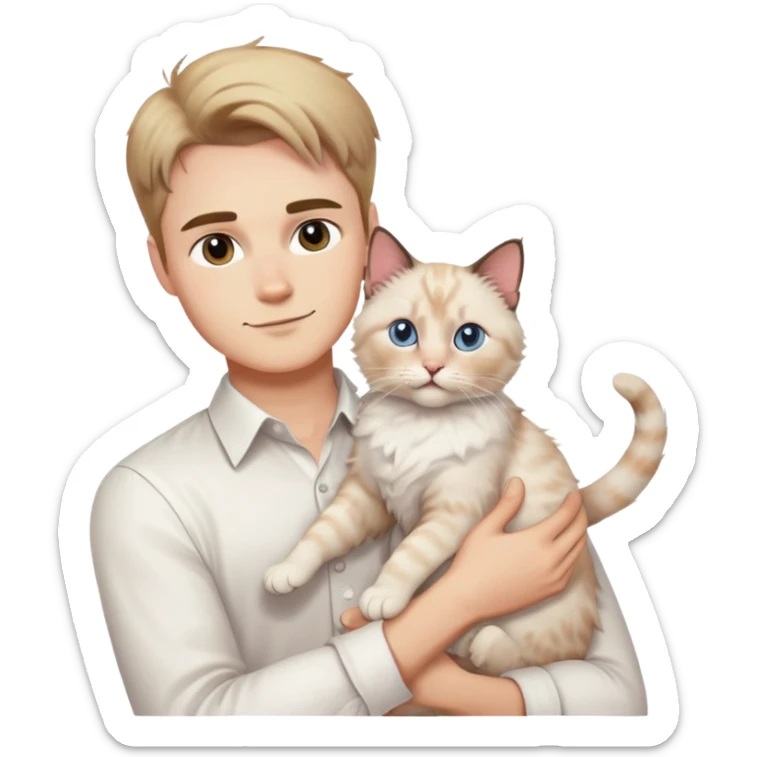 A young handsome Caucasian man in a white shirt holding a ragdoll cat sticker