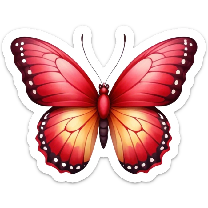 A striking butterfly with fiery red wings fading into crimson and soft cherry tones, a hand-painted look." sticker