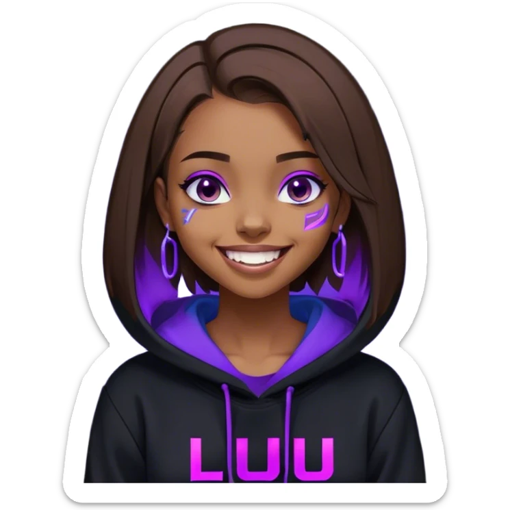 brown haired girl with a bob and blue eyes wearing black hoody with violet letters "Lu", laughs. Cyberpunk style. Violet neon. sticker