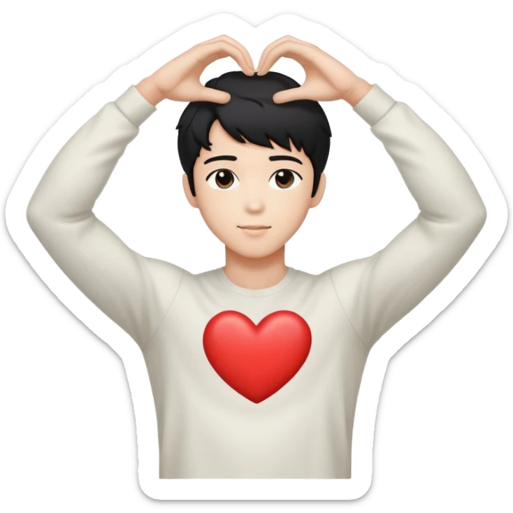 Black-haired male idol forming a heart shape with his arms above his head, arms curved to make heart outline, K-pop style sticker