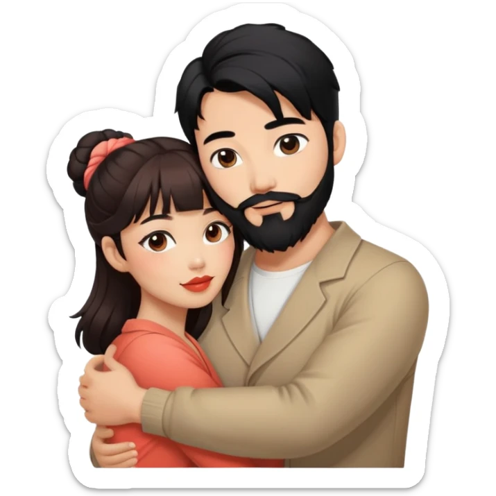 cool handsome asian man with black hair tied in bun and beard, hugging cute woman with tan skin and long wavy reddish brown hair with bangs and coral lipstick sticker