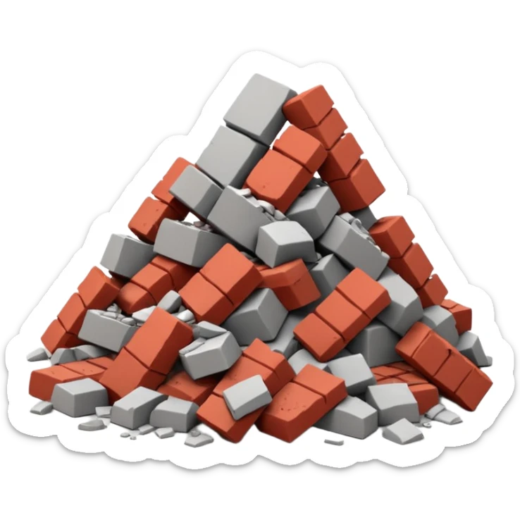 3D iPhone style emoji of a pile of bricks, roof pieces, and wall rubble, scattered and broken, isolated on white background, soft shadows, high detail, playful and cute sticker