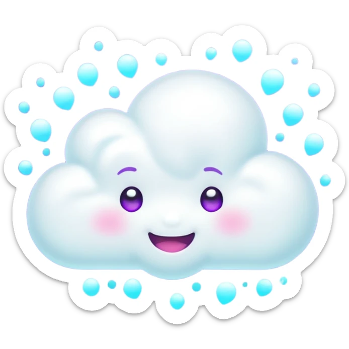 A tiny kawaii cloud emoji with a cheeky smile and wink, soft neon glow in purple/cyan, little sparkles floating, playful delulu vibe. sticker
