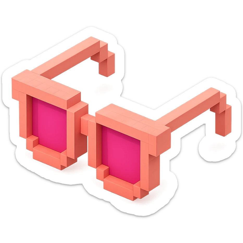 Voxel-style pink glasses with pink lenses, no background, following the silhouette from the reference image, with a different color scheme. sticker
