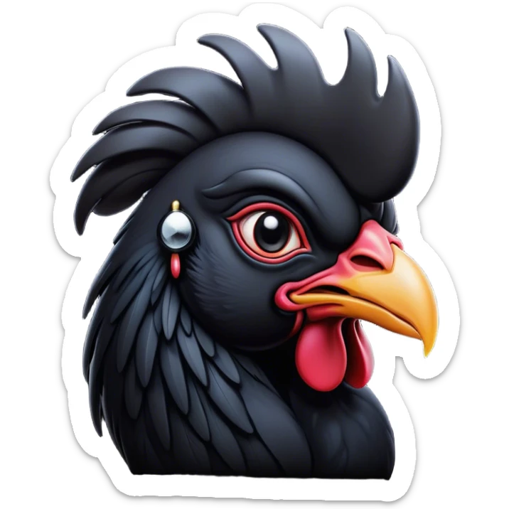 Cinematic Noble Black Rooster Portrait Emoji, Poised and regal, with a robust, commanding build and a sleek, well-groomed pure black plumage, deep-set soulful piercing eyes, Simplified yet sharp and sophisticated features, highly detailed, glowing with a soft, dignified glow, high shine, intelligent and proud, stylized with an air of mysterious majesty, focused and attentive, soft glowing outline, capturing the essence of a watchful and confident leader, so majestic it feels as though it could crow out of the screen with effortless authority! sticker