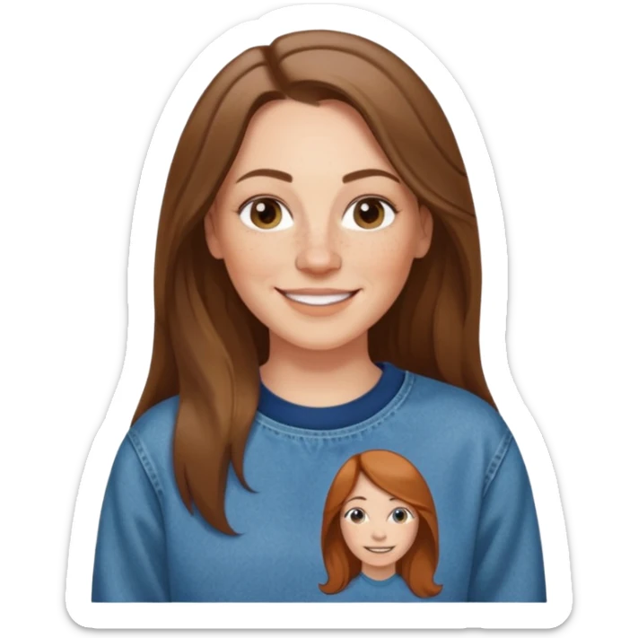 A 38 year old white woman with long brunette hair parted in the middle. She has a nose ring. She has freckles and is wearing a sweatshirt and jeans smiling sticker