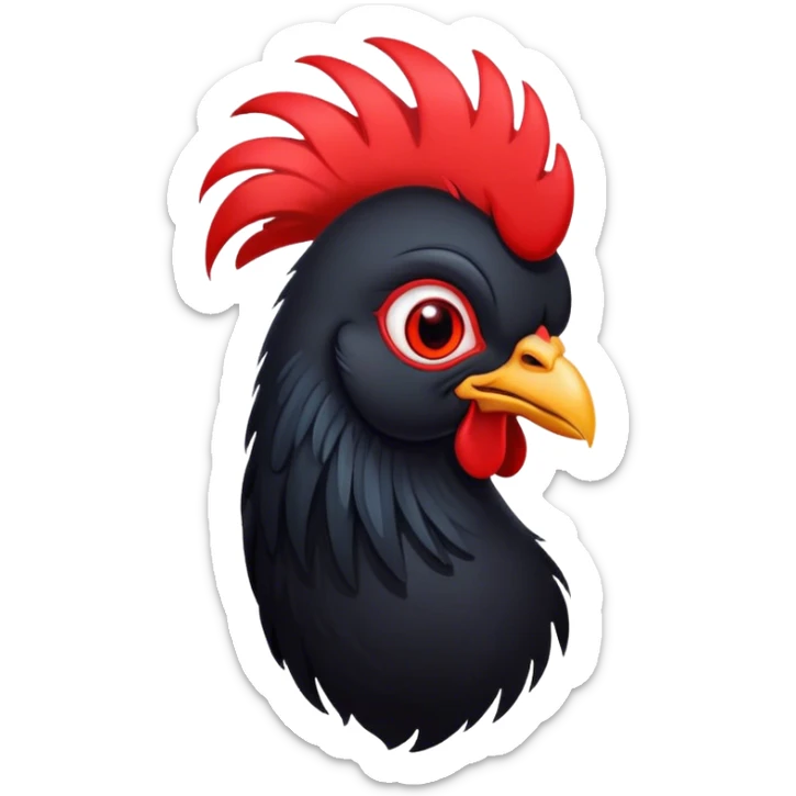 Cinematic Cute Black Rooster Portrait Emoji, Head tilted playfully and inquisitively, featuring a glossy, immaculate black plumage with a vibrant red comb, round, sparkling eyes filled with curiosity, Simplified yet irresistibly adorable features, highly detailed, glowing with a warm, friendly glow, high shine, affectionate and spirited, stylized with a touch of farmyard whimsy, bright and endearing, soft glowing outline, capturing the essence of a mischievous yet loving rooster, so playful it feels like it could strut out of the screen and into your arms! sticker